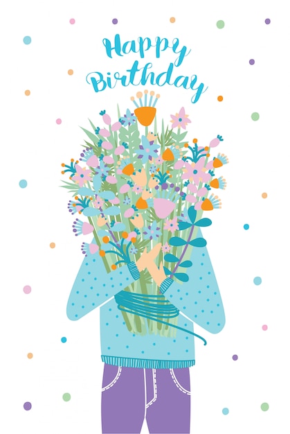 お誕生日おめでとうグリーティングカード 花束を持ったゲスト イラスト 漫画はがき プレミアムベクター