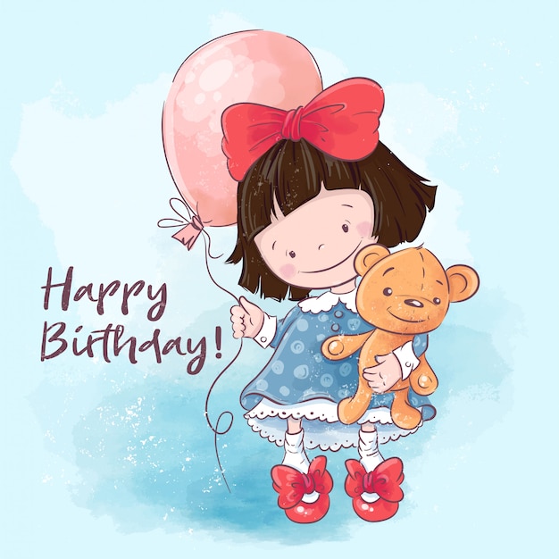 お誕生日おめでとうグリーティングカード 風船とおもちゃのイラストかわいい漫画の女の子 プレミアムベクター