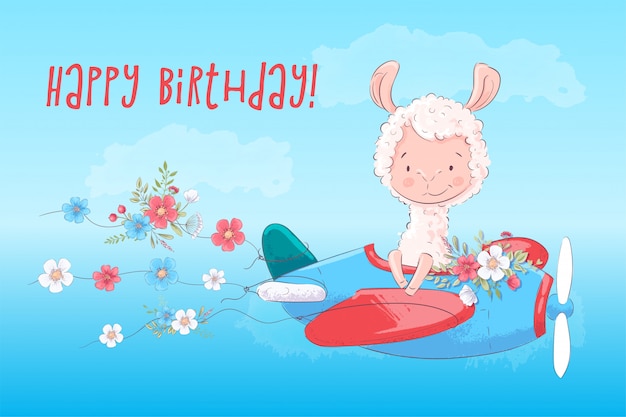 Download Happy birthday greeting card illustration of llama on a plane with flowers | Premium Vector