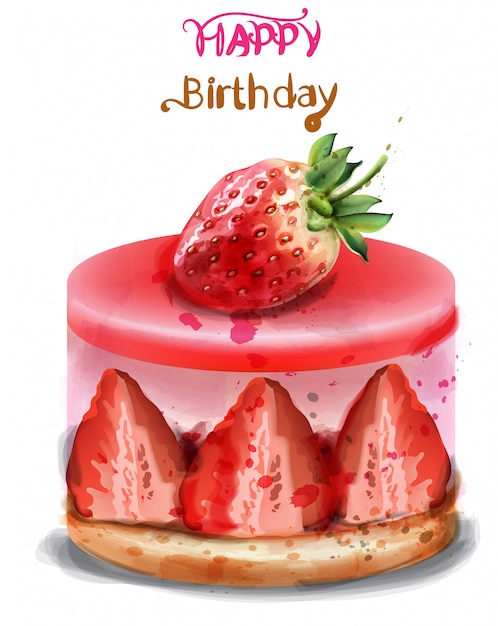 お誕生日おめでとうグリーティングカード ストロベリーバースデーケーキの水彩画 プレミアムベクター