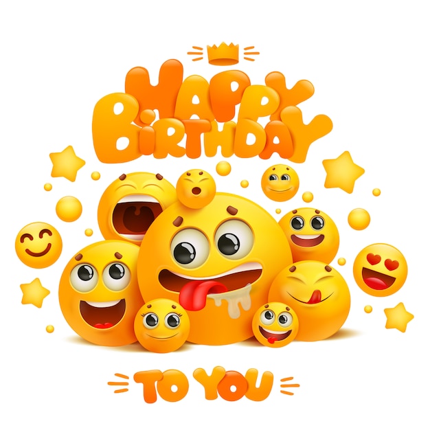 Happy birthday greeting card template with group of emoji cartoon ...