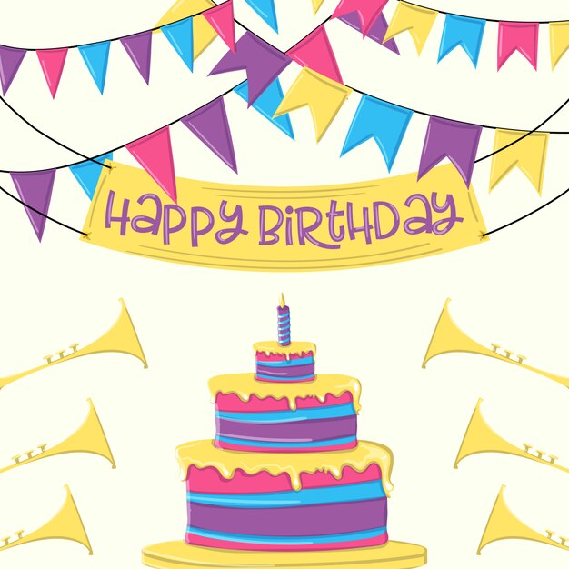 Download Happy birthday greeting card with cake and ribbon party ...