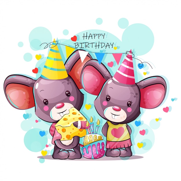 Premium Vector | Happy birthday greeting card with cute cartoon baby mouse