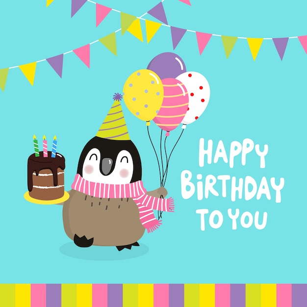 Premium Vector | Happy birthday greeting card with cute penguin and balloon