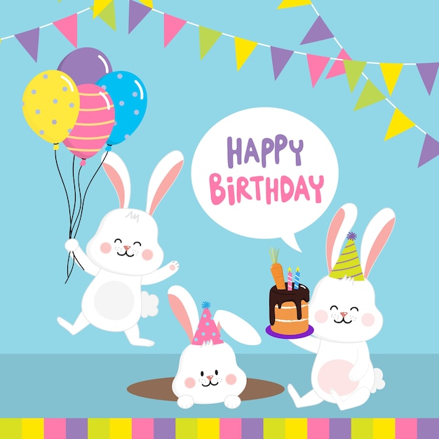 Premium Vector | Happy birthday greeting card with little rabbits