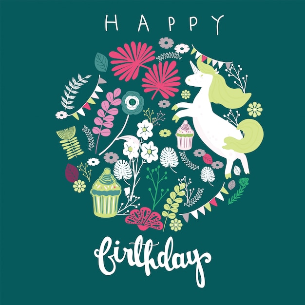Download Happy birthday greeting card with unicorn floral art ...