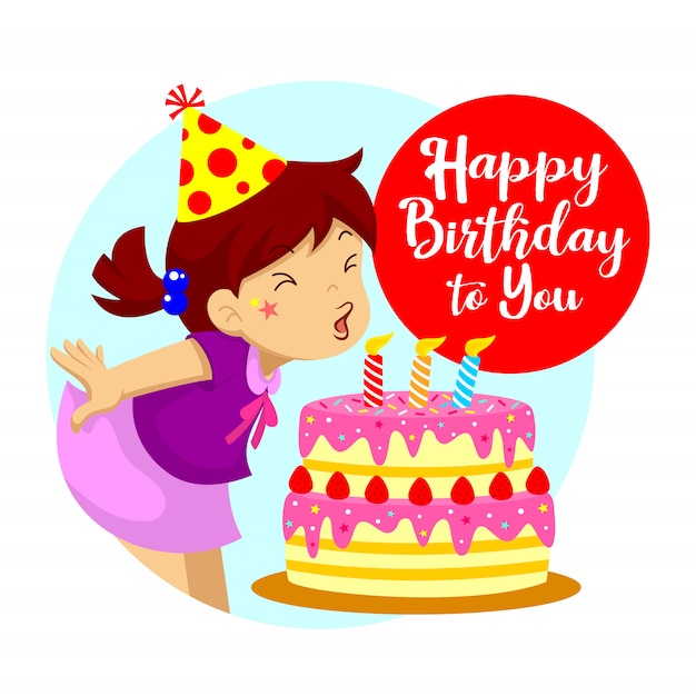 Premium Vector Happy Birthday Greeting A Little Girl Blowing Out Birthday Candles