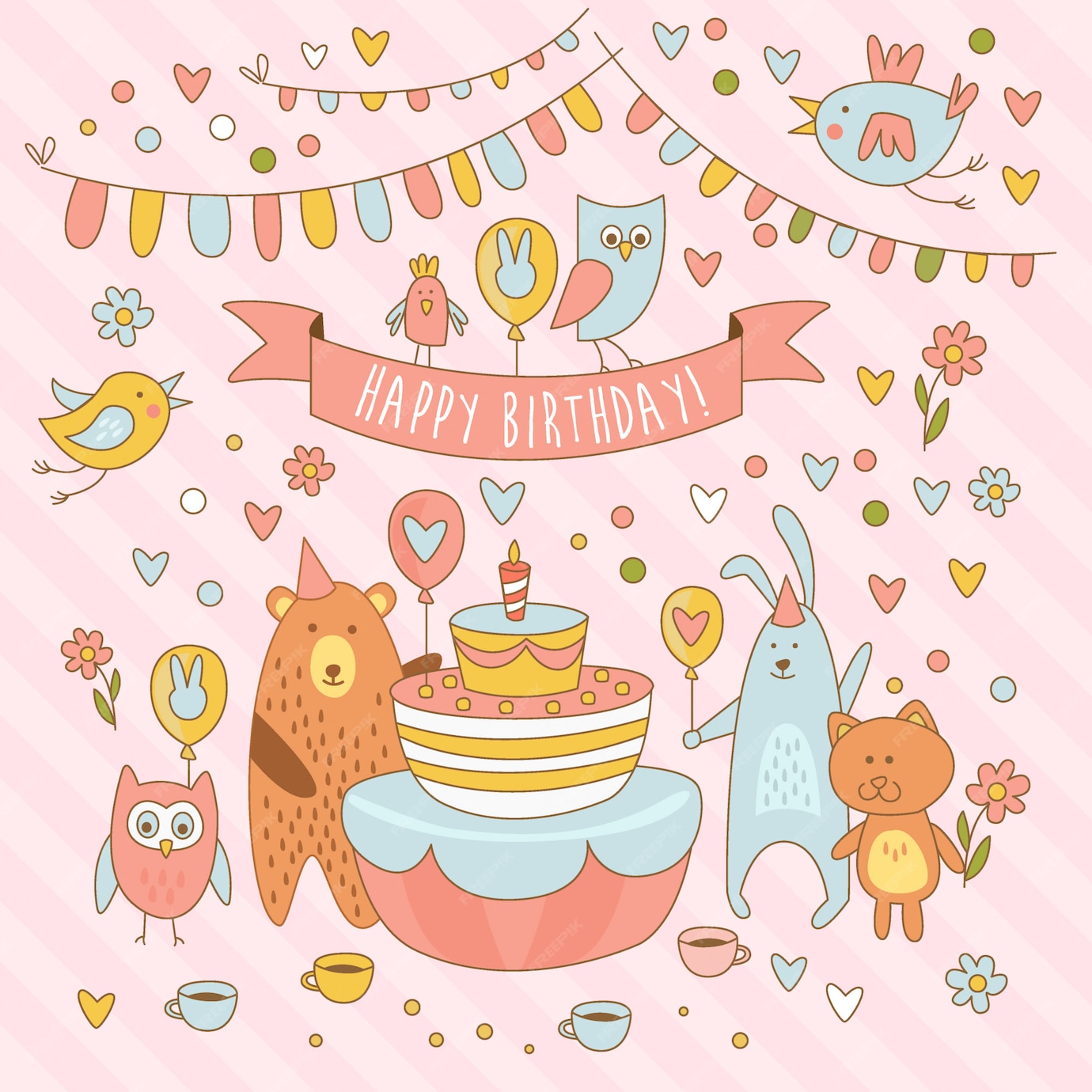 Premium Vector | Happy birthday holiday card with cute animals, bear ...