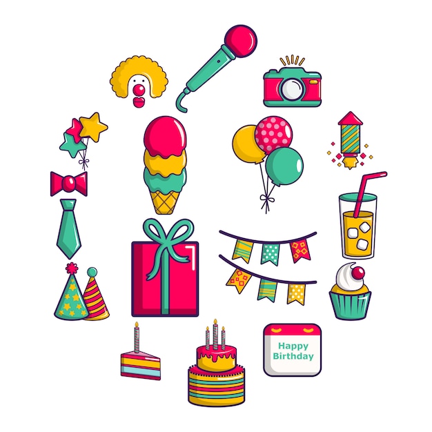 Happy birthday icon set, cartoon style | Premium Vector