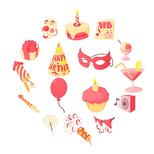 Download Happy birthday icon set, cartoon style | Premium Vector