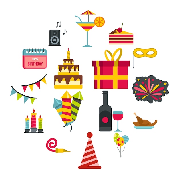 Download Happy birthday icons set,flat style Vector | Premium Download