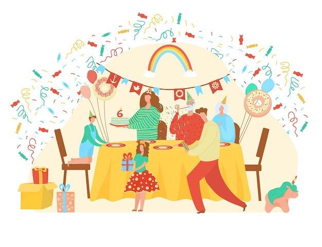 お誕生日おめでとうイラスト 家族や友人のキャラクターが家のインテリアで誕生日にギフトやホリデーケーキでかわいい女の子に挨拶します 白のパーティーのお祝い の人々 プレミアムベクター