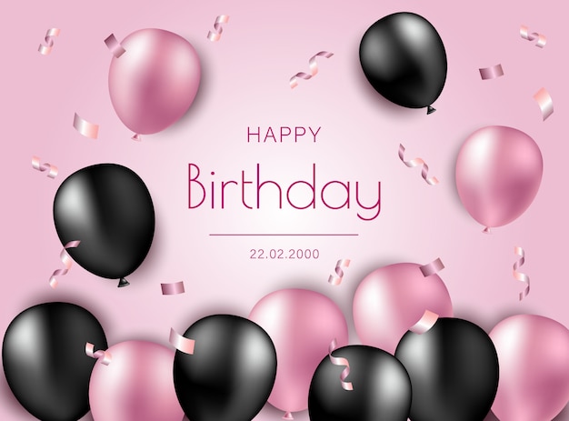 黒とピンクの気球と紙吹雪のお誕生日おめでとうイラスト プレミアムベクター