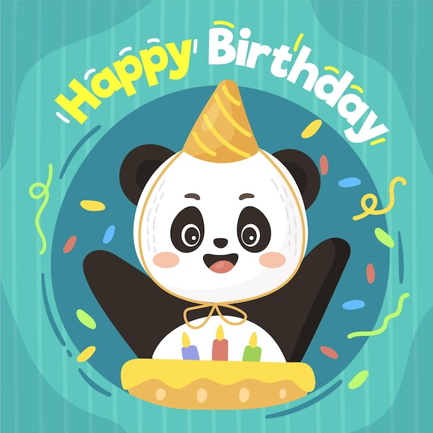 パンダとケーキとお誕生日おめでとうイラスト 無料のベクター