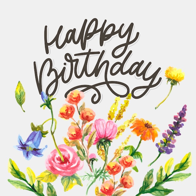 Premium Vector | Happy birthday lettering calligraphy slogan with flowers