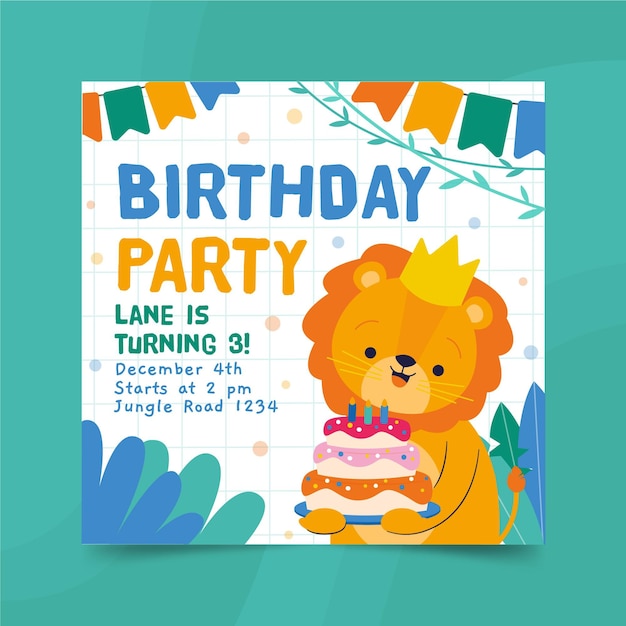 Free Vector Happy Birthday Lion Square Flyer Print Template