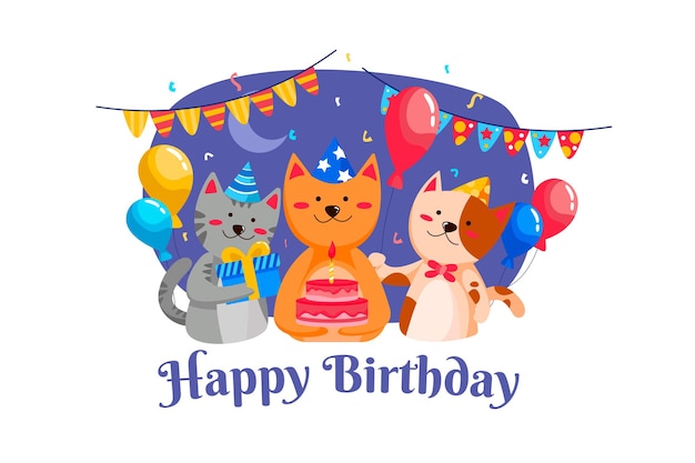猫イラストでお誕生日おめでとうパーティー プレミアムベクター