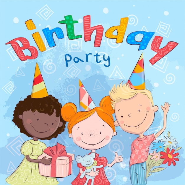 Premium Vector Happy birthday party with cute kids with gifts. hand