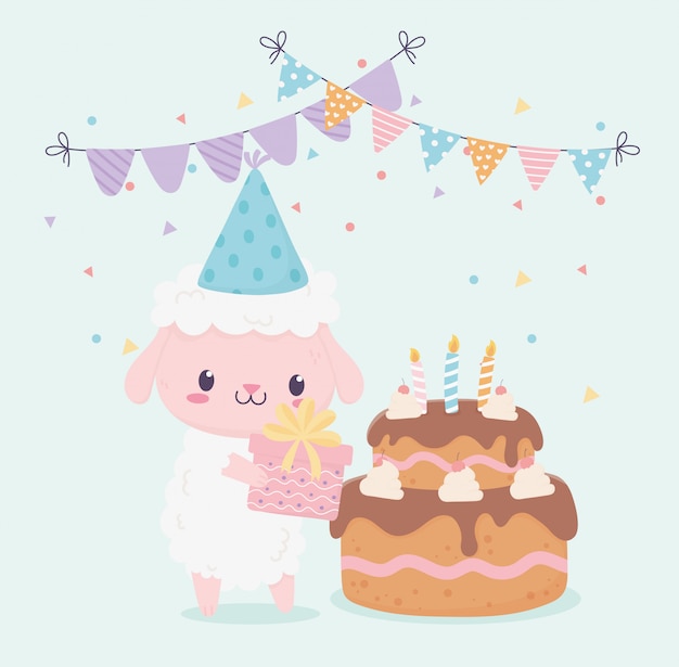 Premium Vector | Happy birthday sheep gift cake pennants celebration ...