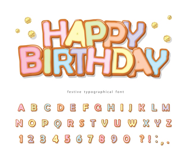 お誕生日おめでとう甘いフォント 漫画のアルファベット プレミアムベクター