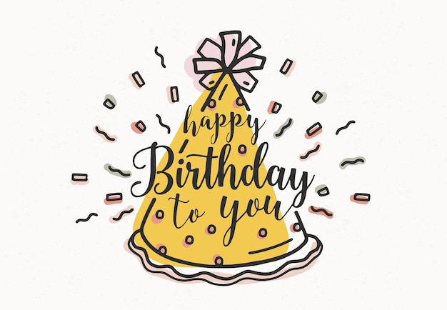 お誕生日おめでとうございます 筆記体フォントで手書きし コーンパーティーハットと紙吹雪で飾ってください プレミアムベクター