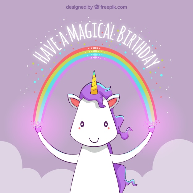 Happy birthday  unicorn  background with a rainbow Free Vector