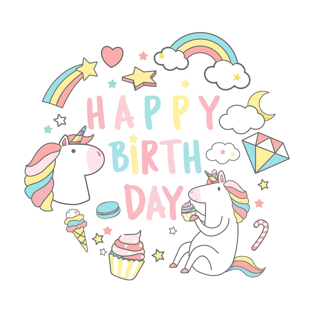 Download Happy birthday unicorn with magic elements card vector ...