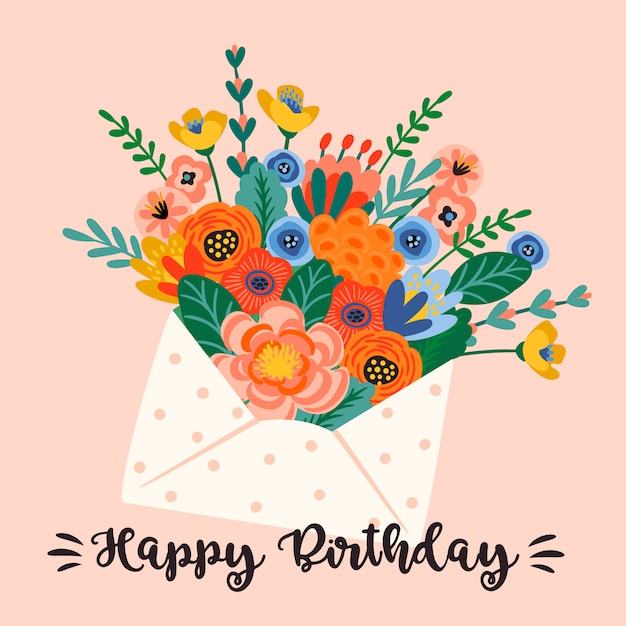 お誕生日おめでとうございます 封筒に花のかわいい花束のベクトルイラスト プレミアムベクター
