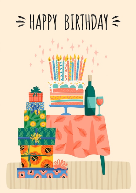 お誕生日おめでとうございます かわいいギフトボックスとケーキのベクトルイラスト プレミアムベクター