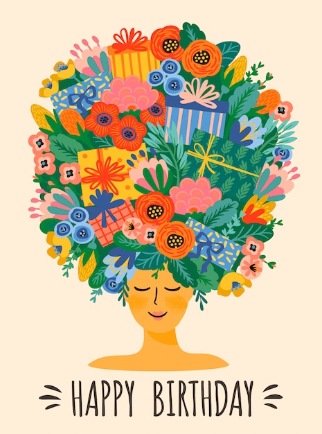 お誕生日おめでとうございます 花とギフトボックスの頭の上の花束とかわいい女性のベクトルイラスト プレミアムベクター