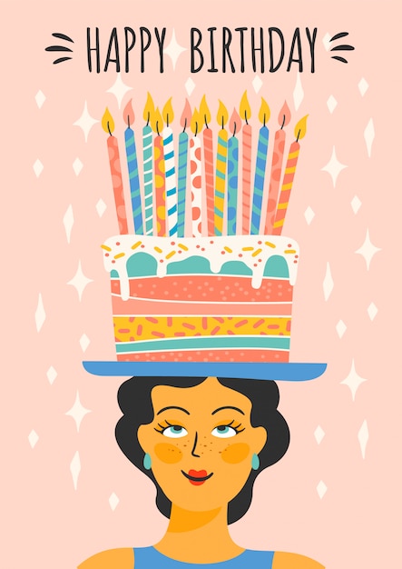 お誕生日おめでとうございます 頭の上のケーキでかわいい女性のベクトルイラスト プレミアムベクター