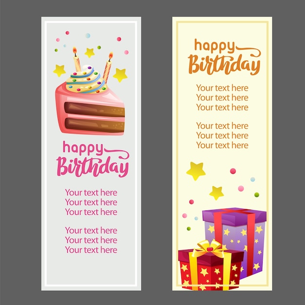 Premium Vector | Happy birthday vertical banner with fun slice cake