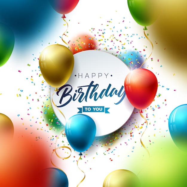 Happy birthday with balloon, typography and falling confetti. | Free Vector