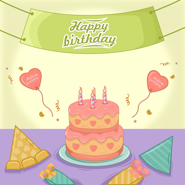 プレート 与える バルーン ポスターの誕生日ケーキでお誕生日おめでとう プレミアムベクター