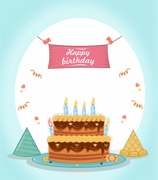 Premium Vector | Happy birthday with tart,hat and poster
