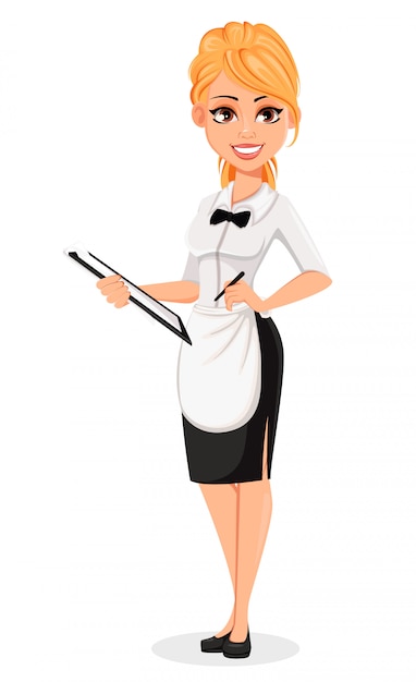 Happy blonde waitress. cheerful cartoon character | Premium Vector