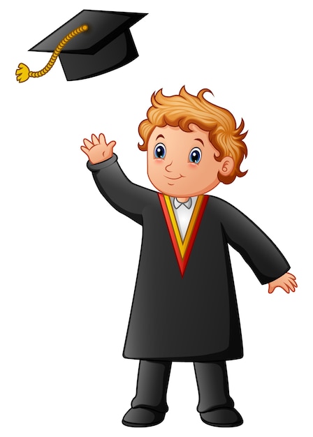 Download Happy boy in black graduation gown | Premium Vector