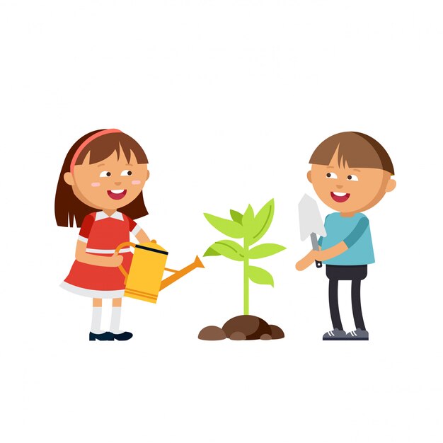 Premium Vector | Happy boy and girl doing garden set