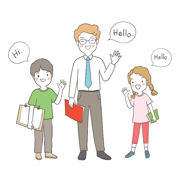 Happy a boy a girl and teacher greeting say hi hello | Premium Vector