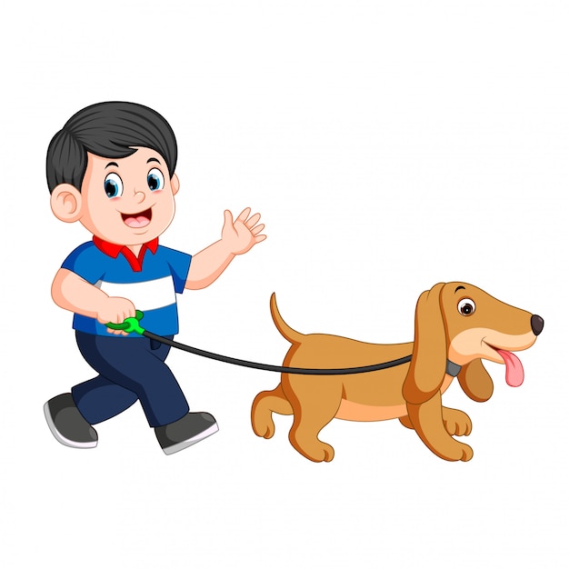 Premium Vector | Happy boy walking with his dog