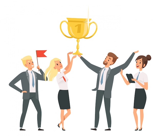 Premium Vector | Happy business team with golden trophy illustrartion