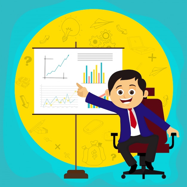 Happy businessman explaining business idea or plans through presentation. Free Vector