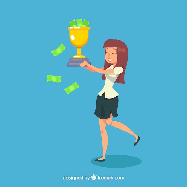Happy businesswoman with a cup full of
money