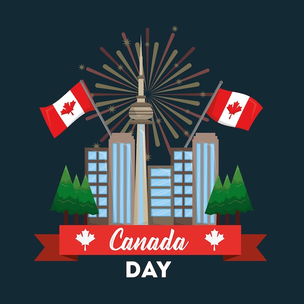 Premium Vector Happy canada day card toronto city flags fireworks