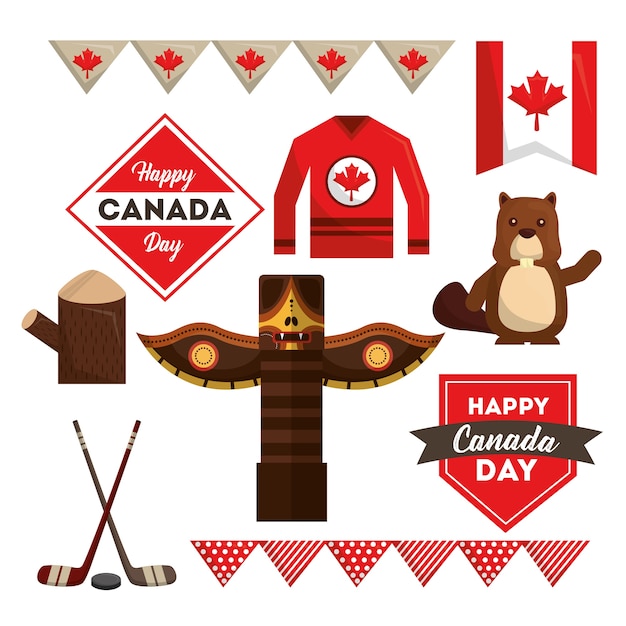 幸せなカナダの日は国のシンボルを設定 プレミアムベクター