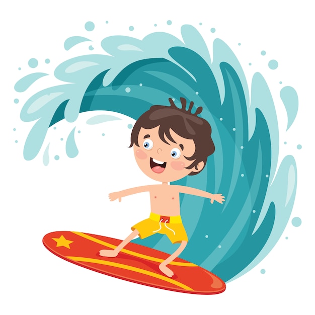 Happy cartoon character surfing at sea | Premium Vector