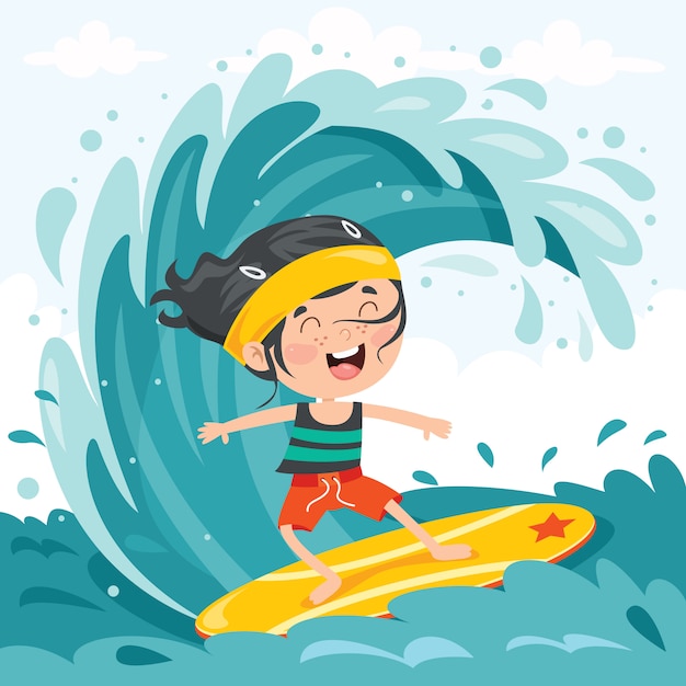 Premium Vector Happy Cartoon Character Surfing At Sea