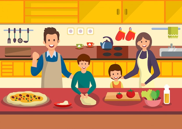 Premium Vector | Happy cartoon family cooks pizza in kitchen.