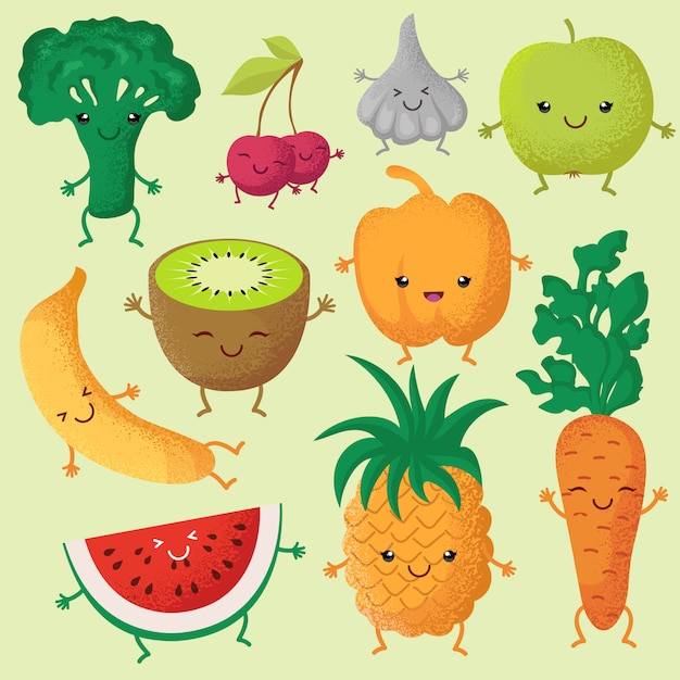 ハッピー漫画フルーツと庭の野菜 面白いかわいい顔文字 プレミアムベクター