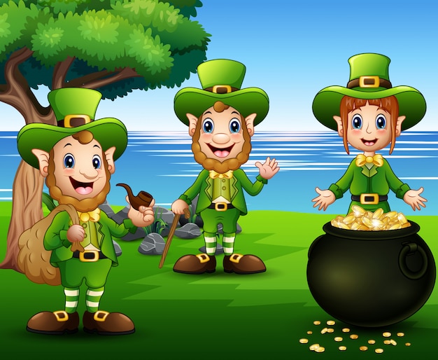 Premium Vector | Happy cartoon leprechauns with pot of gold coins